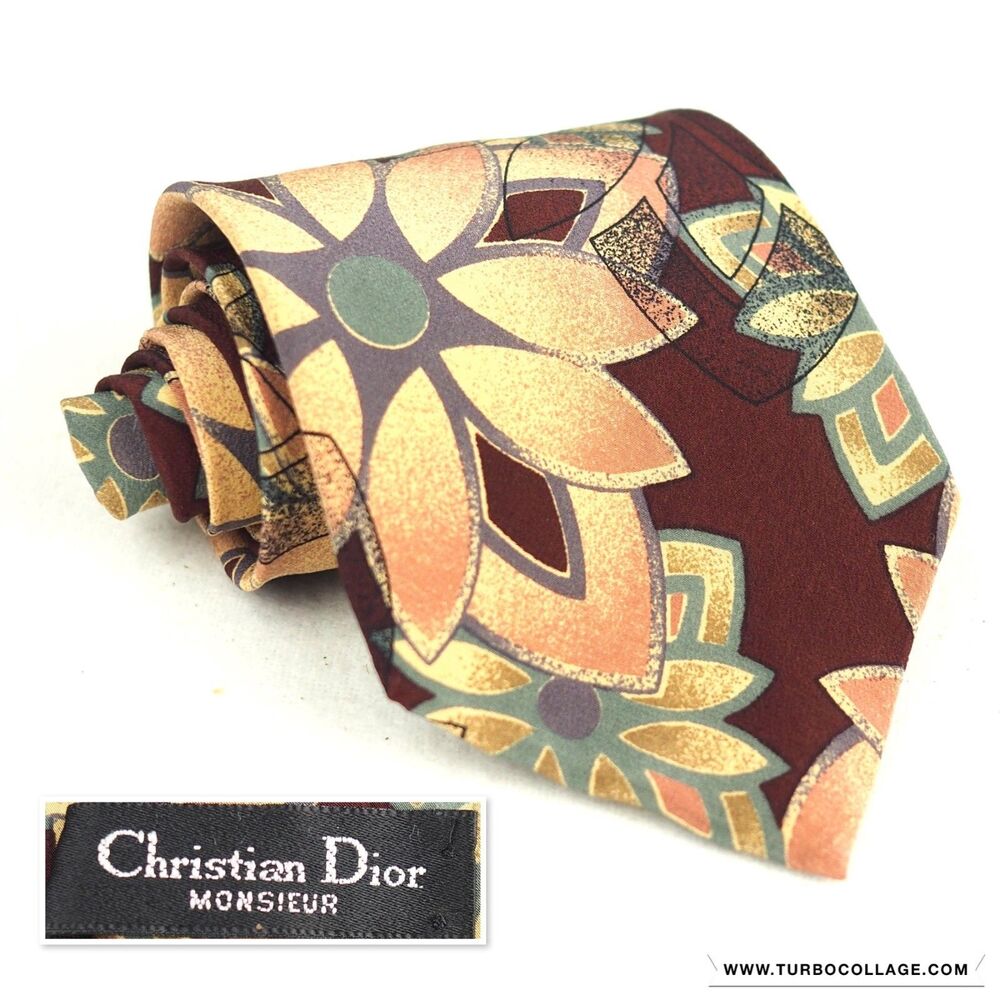 Vintage Christian Dior Silk Necktie Maroon Gold Geometric Flower Print Made USA